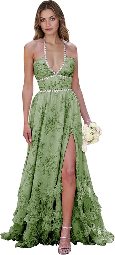 Floral Printed Chiffon Prom Dress for Carmen 2025 Long V Neck Floor Length Photoshoot Dress with Side Slit Ruched