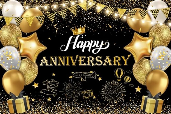 ChloropLastid Happy Anniversary Backdrop Black Gold Anniversary Decorations for Party Banner 50th 60th Anniversary Birthday Wedding Supplies Photo Booth Props Background 8X6FT