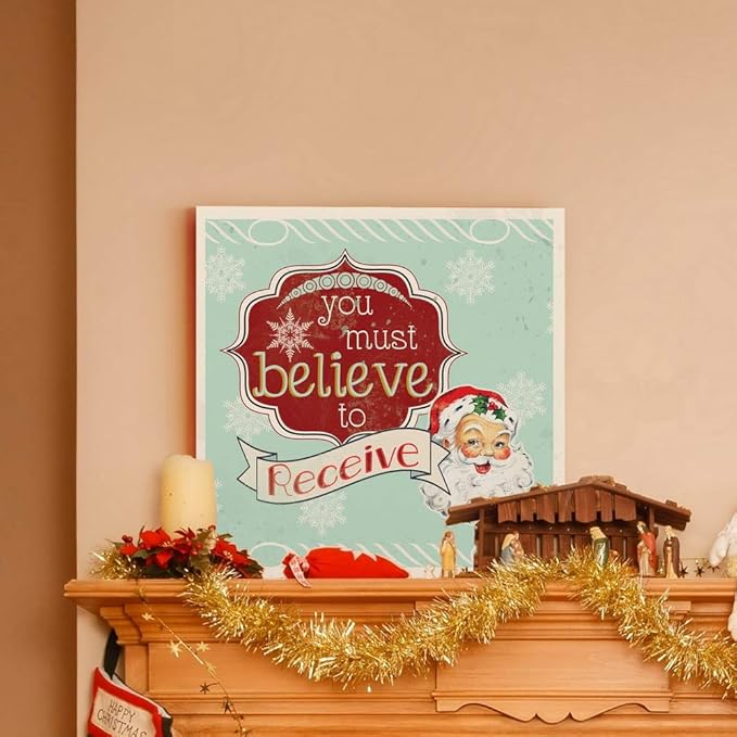 Renditions Gallery You Must Believe to Receive Santa Wall Art, Christmas & Winter Artwork, Holiday Decor, Red & White, Premium Gallery Wrapped Canvas, Ready to Hang, 16 in H x 16 in W, Made in America