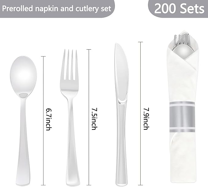 200 Pack Pre Rolled Silver Plastic Silverware Set,Wrapped Plastic Cutlery Set with Napkin Include 200 Forks,200 Spoons,200 Knives and 200 White Napkins for Party,Wedding,Christmas