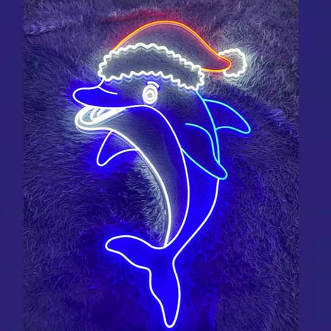 Dolphin Christmas Neon Sign, Dolphin Santa Claus Led Sign, Xmas Holiday Decoration, Merry Christmas Party LED Wall Sign Size:23inches
