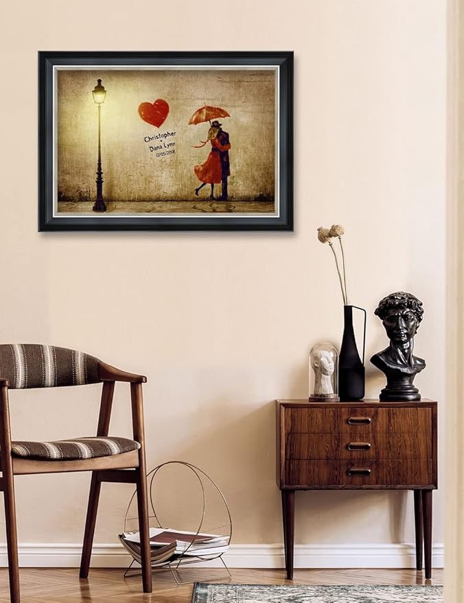 IPIC - Our First Kiss Personalized Framed Wall Art with Names and Date on, Giclee Prints with Solid Wood, Custom Gifts for Anniversary. Total Framed Size: 27.25" W x 19.25" H