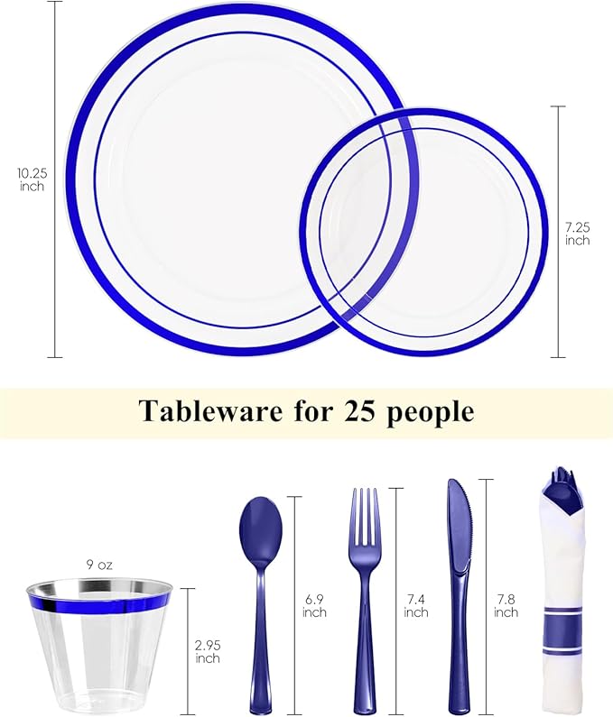 Goodluck 175 Piece Blue Plastic Plates, Clear Plastic Silverware Disposable Plates Set, Include 50Plates, 25Pack Pre Rolled Napkins with Silverware, 25Cups for Party, Wedding, Graduation