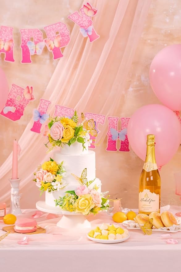TINGE TIME 3Pcs Pre-made Cake Toppers，Silk Artificial Flowers Decor，Cake Decorations for Weddings, Birthdays, Party,Baby Shower,Celebration (PeachPink&Yellow)