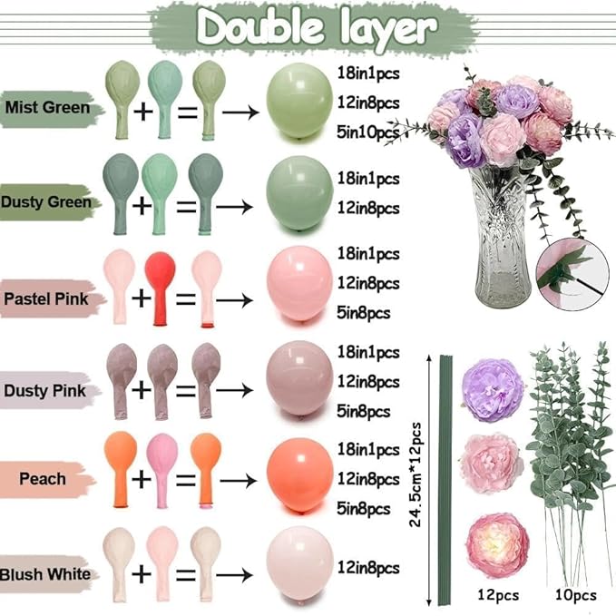 Dusty Green Pink Balloon Arch With Artificial Flower Leaves Double Stuffed Pastel Pink Green Mauve Peach Blush Balloon Garland Kit for Flower Baby Shower Wedding Birthday Floral Easter Tea Party Decor
