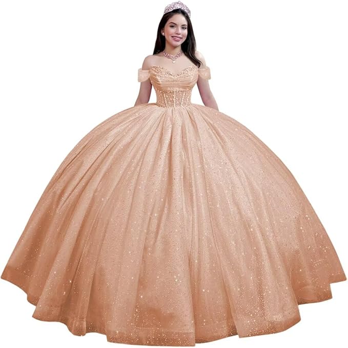 Youjiayi Glitter Tulle Quinceanera Dresses with Train Off Shoulder Beaded Sweet 16 Dresses Pleated Long Ball Gown for Women