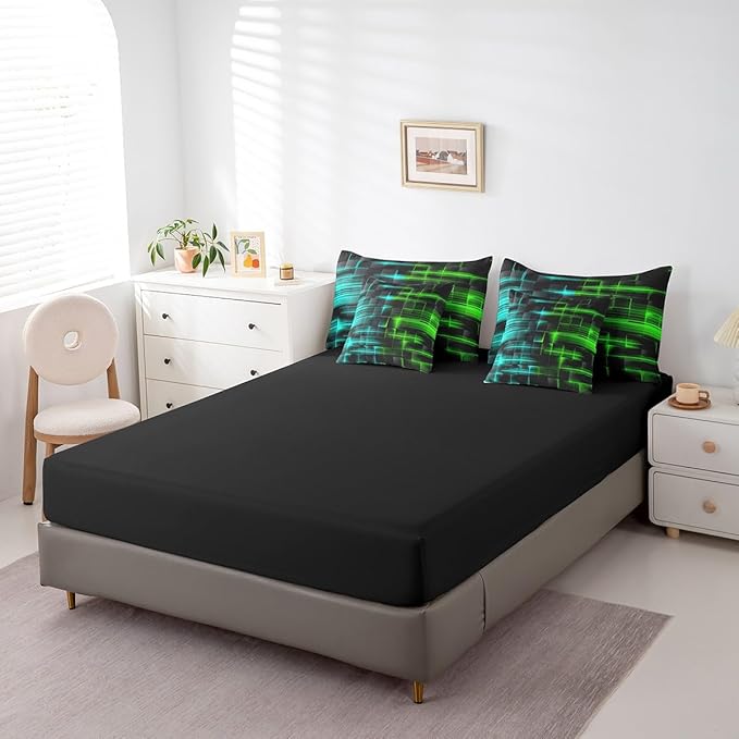 Feelyou Green and Blue Comforter Set with Sheets 7 Piece King Size Kids Geometric Bed in a Bag Strip Lines Bedding Set Abstract Art Bed Set with Comforter, Sheets,Pillowcases,Cushion Covers