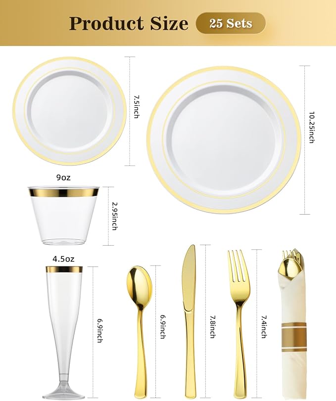 Goodluck 200PCS Gold Disposable Plastic Dinnerware Set for 25 Guests, Include 25 Dinner Plates, 25 Dessert Plates, 25 Napkins with Silverware, 25 Cups, 25 Champagne Glasses, for Christmas, Wedding