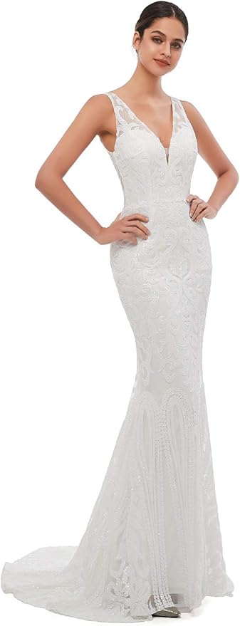 Women's Double V-Neck Sequins Lace-up Mermaid Evening Dress