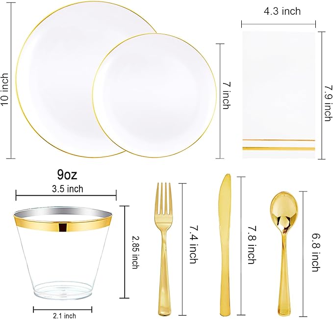 Festiva 350Pcs Gold Plastic Plates - White and Gold Dinnerware Set Disposable include 10" & 7" Plates,Cups,Silverware,Napkins -serve 50 Guests Perfect for Wedding& Easter&Birthday Party