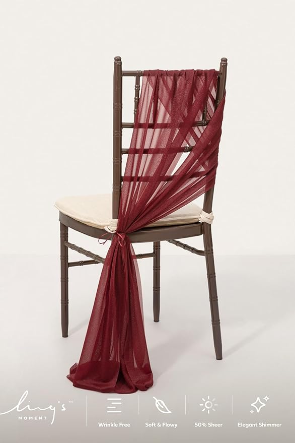 Ling's Moment Wedding Chiffon Chair Sashes Cover Aisle Decorations Draping Fabric Wrinkle-Free with Tie 16 Pcs Burgundy for Party Ceremony Reception Floral Arrangement Banquet Outdoor Decor