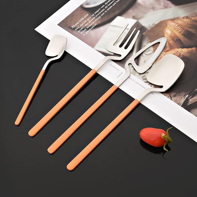 JASHII Flatware Set 32-piece Silverware Set Matte Finished Cutlery Set Service for 8 Include Knife/Fork/Spoon/Coffee spoon Dishwasher Safe (Orange Silver)