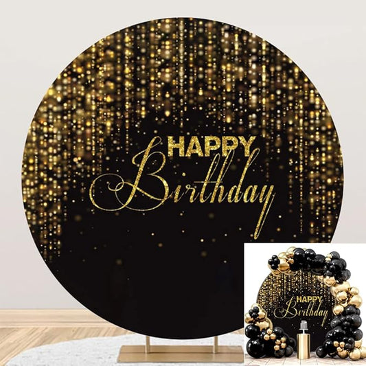 OERJU 6.5x6.5ft Happy Birthday Round Backdrop Cover Black and Gold Glitter Sequins Bokeh Arch Background Stand Cover Circle Backdrop for Photography Kids Adult Birthday Party Decor Photo Booth Props
