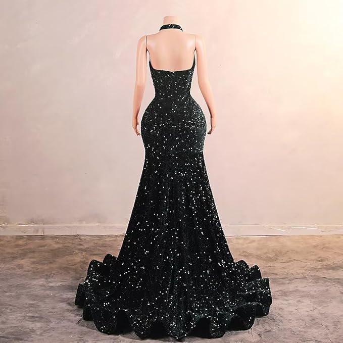 Sexy High Neck Mermaid Evening Long Dress Sequins Sleeveless Celebrity Pageant Dress Cocktail Party Gowns