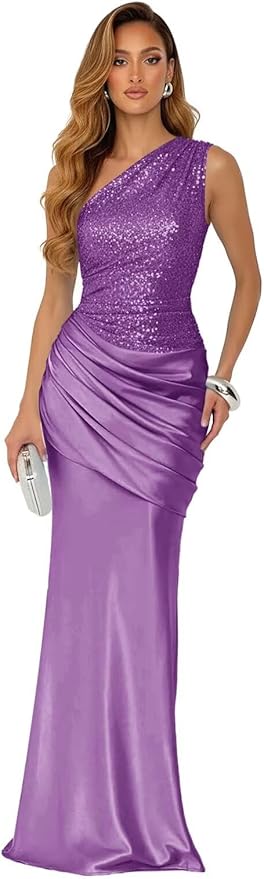 Sparkly Sequins Mermaid Prom Dress 2026 for Women Long Satin One Shoulder Asymmetrical Pleated Formal Evening Gown