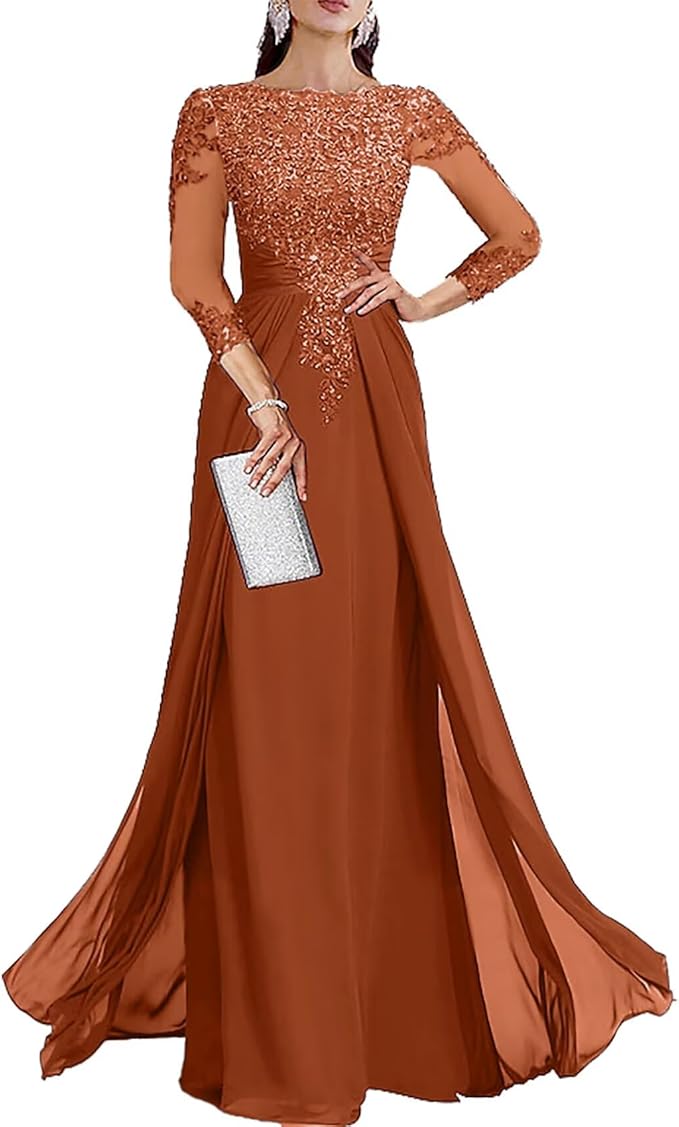 Long Sleeve Mother of The Bride Dresses for Wedding Lace Appliques Chiffon Formal Dress He6052