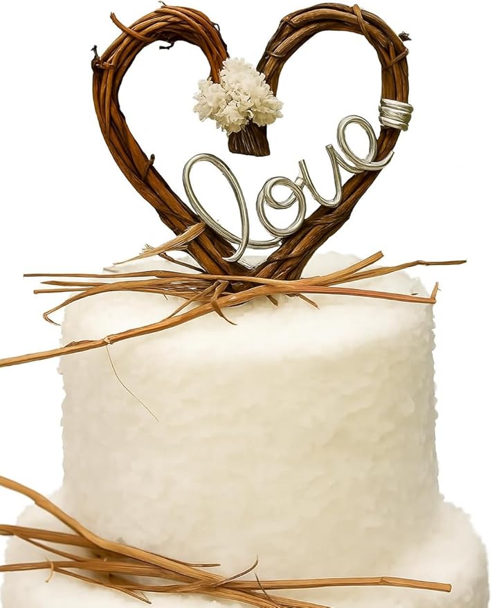 Rustic Love Cake Topper with White Baby’s Breath Flowers – Country Wedding Decoration for Bride and Groom, Rustic Wedding Cake Accessory for Engagement, Shower, or Anniversary Celebration
