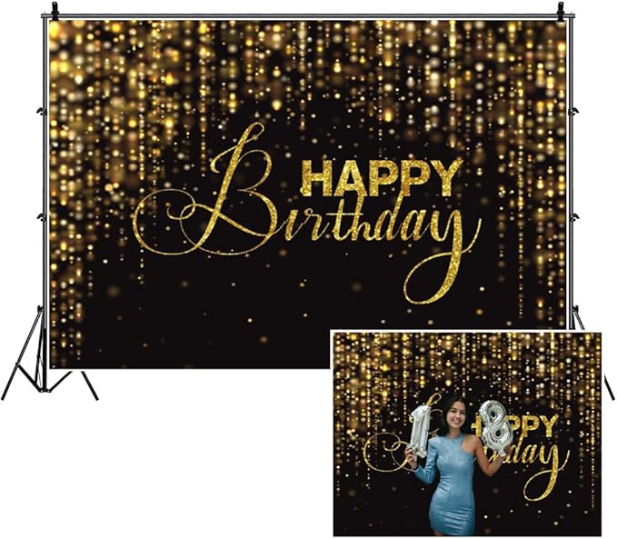 Happy Birthday Backdrop for Photography 8x8ft Luxury Black and Gold Birthday Party Backdrop Background Banner Bokeh Glitter Men Birthday Party Decorations Supplies Wallpaper Studio Props