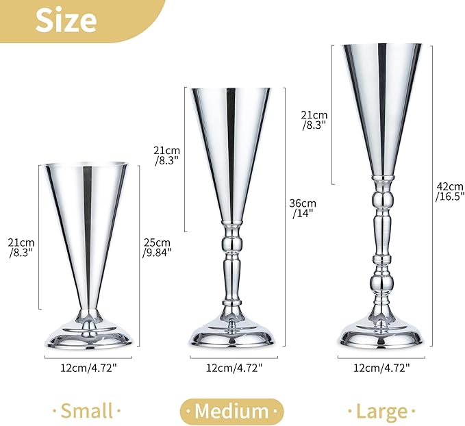 10 Pcs Tabletop Silver Metal Wedding Flower Trumpet Vase, 14 inch Table Decorative Centerpiece Artificial Flower Arrangements for Anniversary Ceremony Party Birthday Event Home Decoration (Silver)