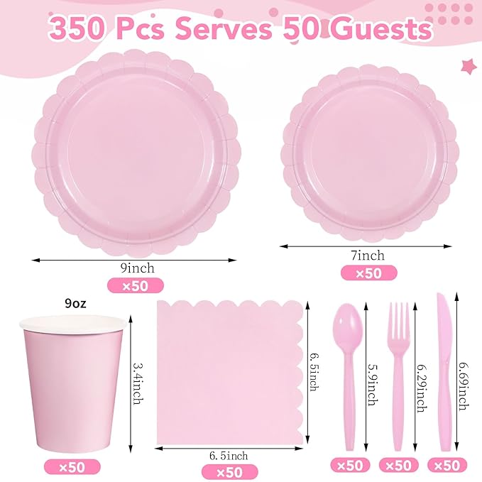 350 Pcs Pink Paper Plates and Napkins, Light Pink Party Supplies Include Valentines Plates Napkins Cups Plastic Spoons Forks Knives for Valentines day, Baby Bridal Shower, Wedding, Birthday