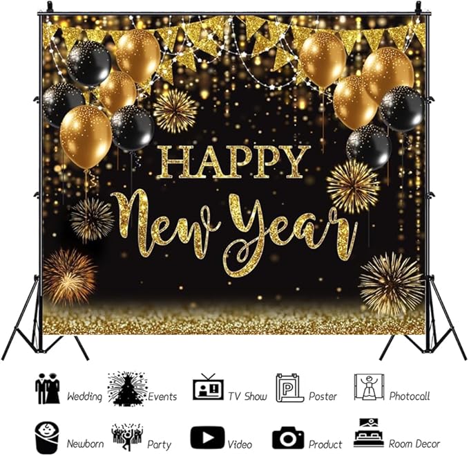 Happy New Year Backdrop 10x8ft Shining Black and Gold Balloons Background Happy 2025 New Year Backdrop 2025 New Year Eve Photo Backdrops for Photography NYE Party Portrait Photo Studio Props
