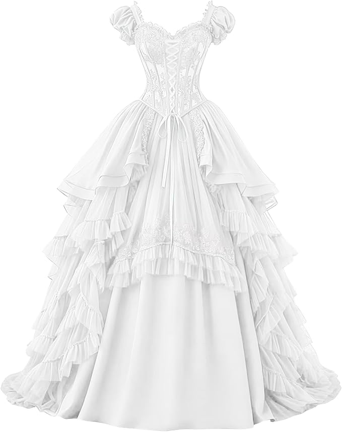Ftupza Gothic Wedding Dresses Lace Appliques 1800s Victorian Dresses for Women Layered Tulle Prom Dress Long Ball Gown