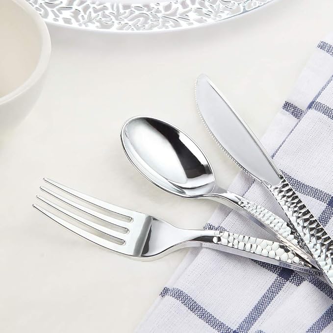 Supernal 360pcs Silver Plastic Cutlery,Elegant Plastic Silverware,Silver Hammed Silverware,Disposable Flatware,Include 120 Forks,120 Knvies,120 Spoons,Perfect for Birthday,Party,Wedding