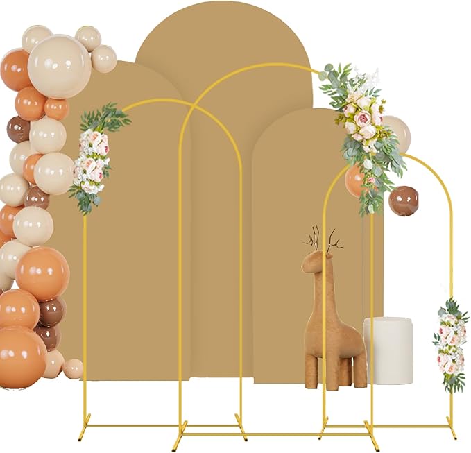 Arch Backdrop Stand and Cover Set 6FT, 6.6FT, 7.2FT Metal, Brown Spandex Arch Backdrop Cover for Wedding, Baby Shower, Banquet Decorations
