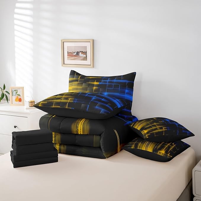 Feelyou Blue and Yellow Comforter Set with Sheets 7 Piece Queen Size Kids Geometric Bed in a Bag Strip Lines Bedding Set Abstract Art Bed Set with Comforter, Sheets,Cushion Covers