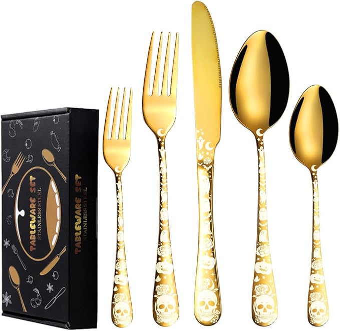 XIAOYU 40 Piece Halloween Gothic Skull Pattern Silverware Set, Stainless Steel Flatware Set for 8, Tableware Cutlery Set with Unique Skull Design, Perfect for Halloween Easter and Christmas, Gold