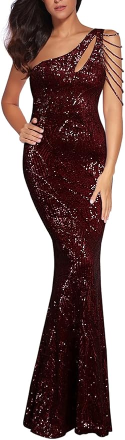 Women One Shoulder 1920s Plus Size Formal Dress Tassels Sleeve Sequins Gatsby Maxi Evening Gown