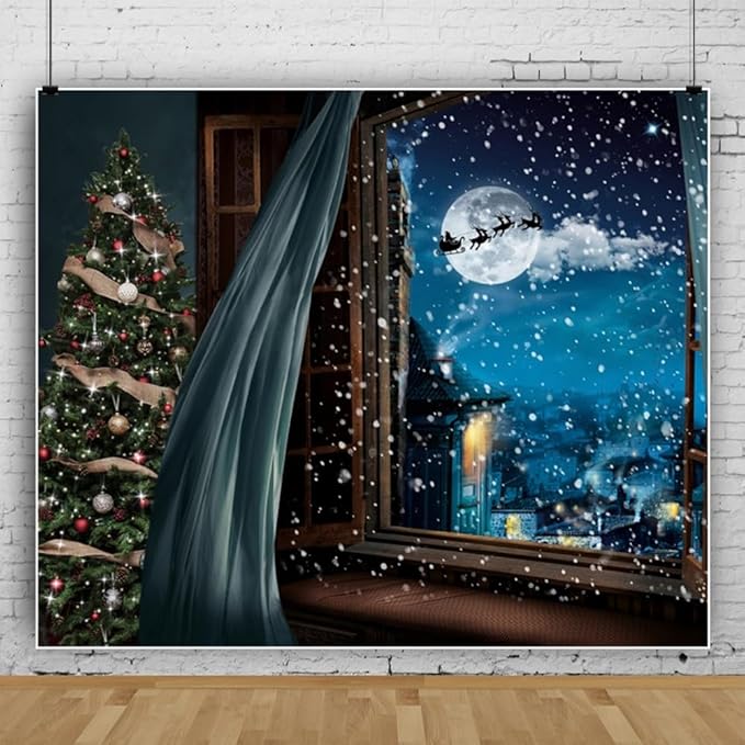 Christmas Backdrop 10x8ft Christmas Window Snowy Scene Photography Backdrop Xmas Tree Snow Background Merry Christmas Happy New Year Party Decoration Banner Portrait Photoshoot Studio Props