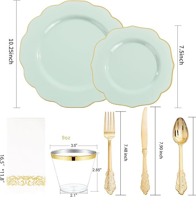 NOCCUR 175PCS Sage Green Plastic Plates with Gold Disposable Silverware - Include 50 Green and Gold Plastic Plates,25 Knives,25 Forks,25 Spoons,25 Cups and 25 Napkins - Ideal for Wedding/Spring Party