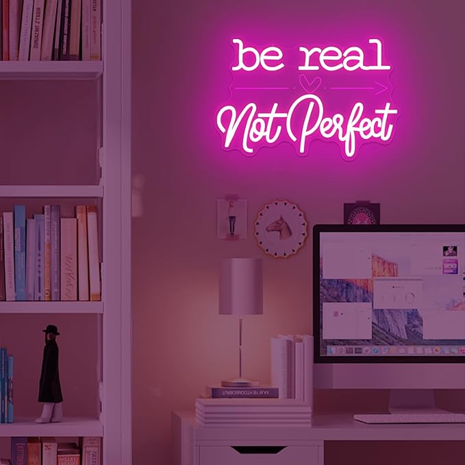 Be Real Not Perfect Neon Sign Dimmable Pink Motivational Led Sign Inspirational Neon Lights for Bedroom Classroom Office Positive Gift for Women Girls Teens