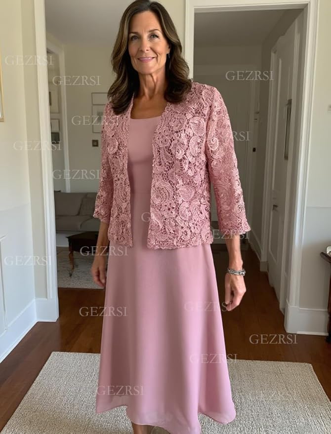 2 Pieces Mother of The Bride Dresses for Women Laces Mother of The Groom Dress 3/4 Sleeve Chiffon Formal Evening Dresses