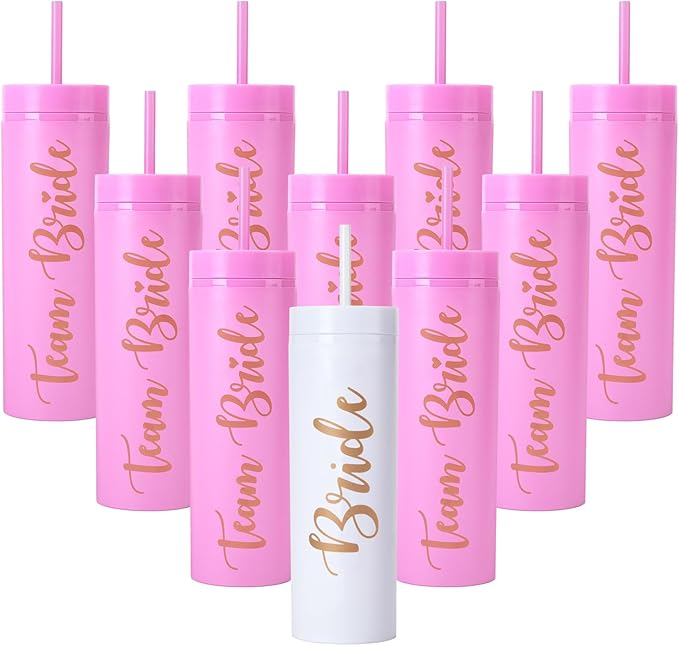 10 Pack Skinny Tumbler | 16 oz Bride & Team Bride Tumblers | Bachelorette Party Cups | Engagement Wedding Gifts Bridesmaids Mugs Bachelorette Party Supplies & Games (Pink)