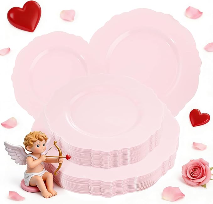 WDF 60pcs Pink Plastic Plates - Baroque Pink Disposable Plates Including 30 Dinner Plates 10.25inch, 30 Dessert Plates 7.5inch for Upscale Valentine's Day, Wedding, Parties