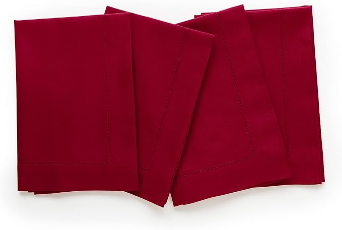 Solino Home Red Napkins Set of 4 - Cotton Linen Hemstitch Dinner Napkins Cloth 20 x 20 Inch for Winter, Valentines - Handcrafted and Machine Washable
