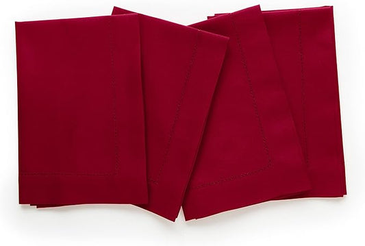 Solino Home Red Napkins Set of 4 - Cotton Linen Hemstitch Dinner Napkins Cloth 20 x 20 Inch for Winter, Valentines - Handcrafted and Machine Washable