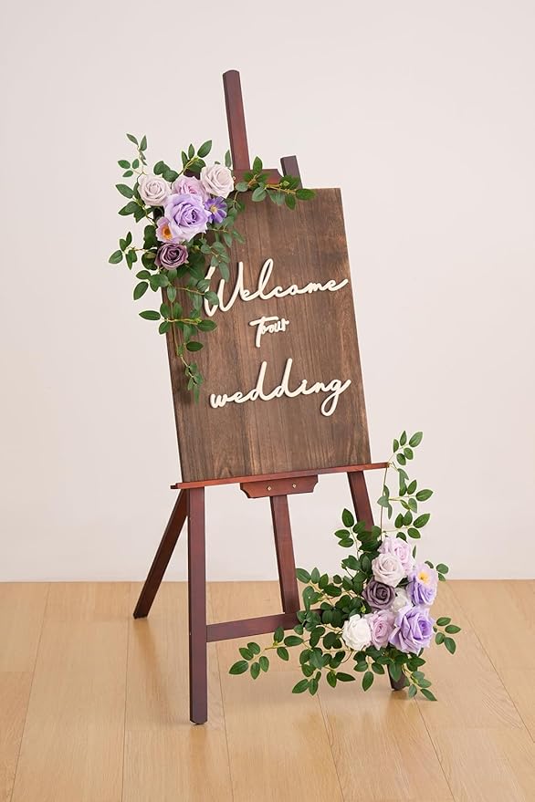 2pcs Purple Deluxe Welcome Sign Artificial Flowers Wedding Backdrop Garland Hanging Floral Arrangements for Ceremony Reception Entryway Board Sweetheart Table