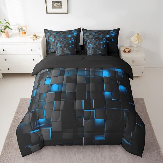 Feelyou Blue and Black Bedding Set Twin Size Kids Light Geometric Comforter Set with Sheets 7 Piece Bed in a Bag forModern Bed Set with Comforter,Sheets,Pillowcases,Cushion Covers