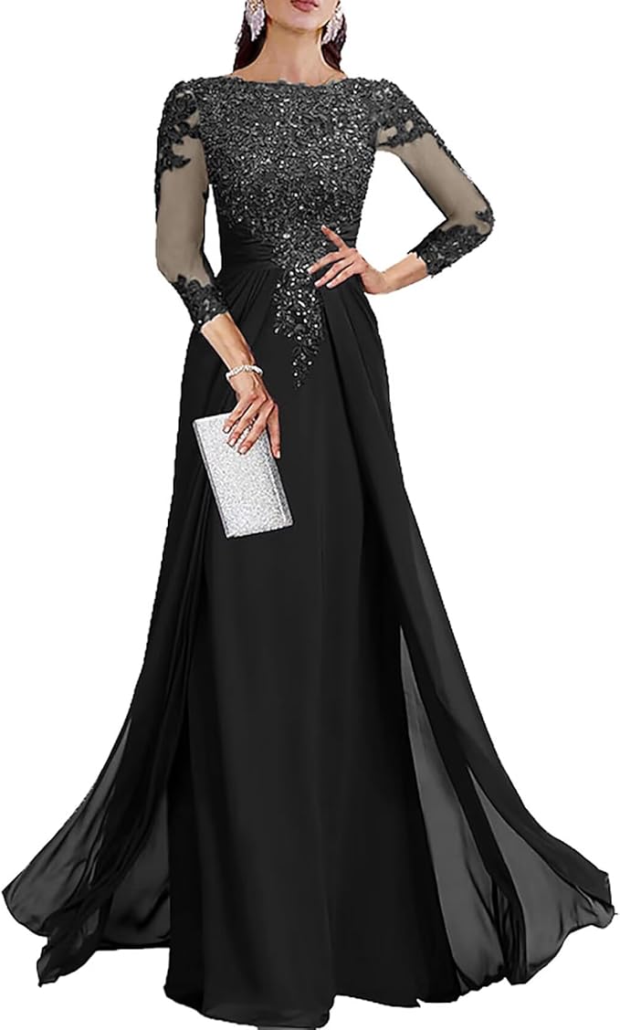Long Sleeve Mother of The Bride Dresses for Wedding Lace Appliques Chiffon Formal Dress He6052