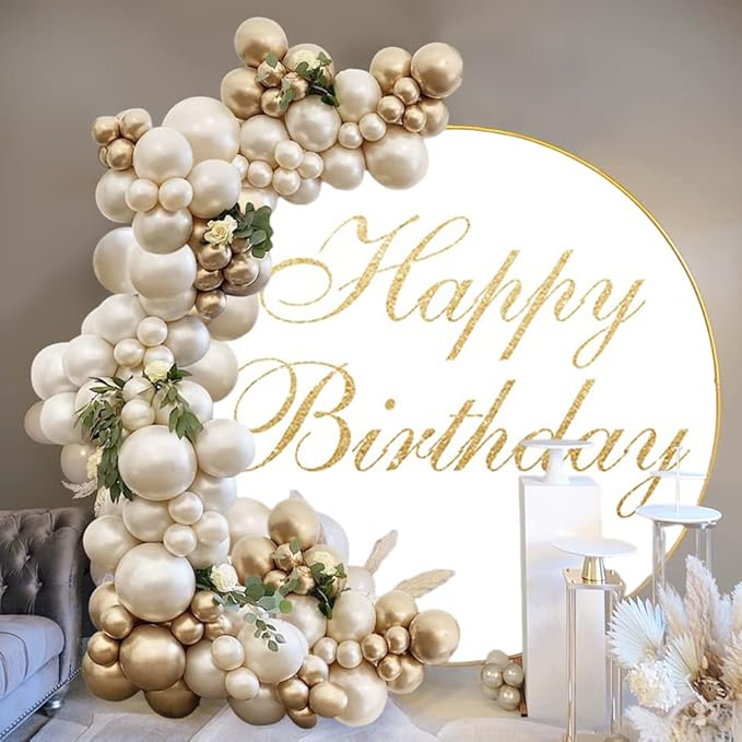 OERJU Happy Birthday Round Backdrop Cover White and Gold Birthday Party Photography Background Adult Kids Bday Party Decoration Circle Backdrop Cover Cake Table Banner Photo Shoot Props 7.2x7.2ft