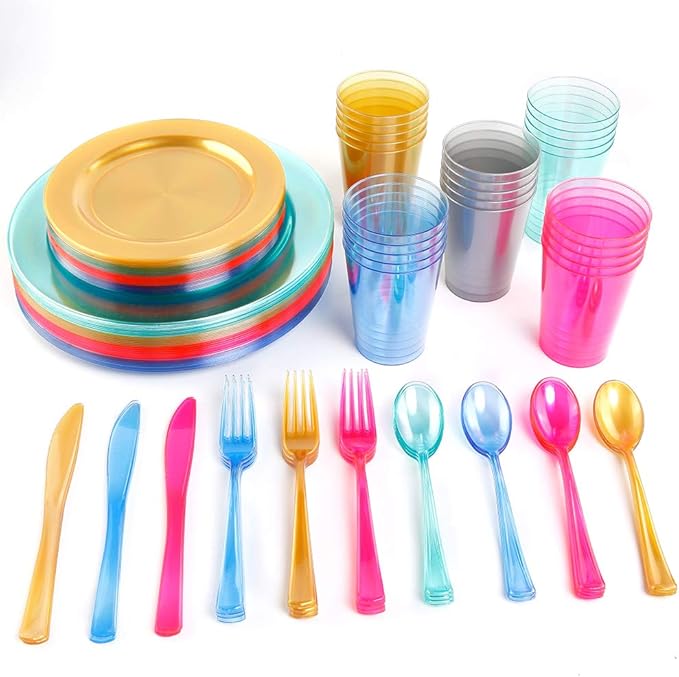 WDF 25 Guest Green Plastic Plates with Disposable Silverware&Green Cups-Neon Clear Plastic Dinnerware include 25 Dinner & Salad Plates,25 Forks, 25 Knives, 25 Spoons,25 Cups for Party