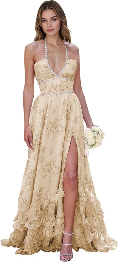 Floral Printed Chiffon Prom Dress for Carmen 2025 Long V Neck Floor Length Photoshoot Dress with Side Slit Ruched