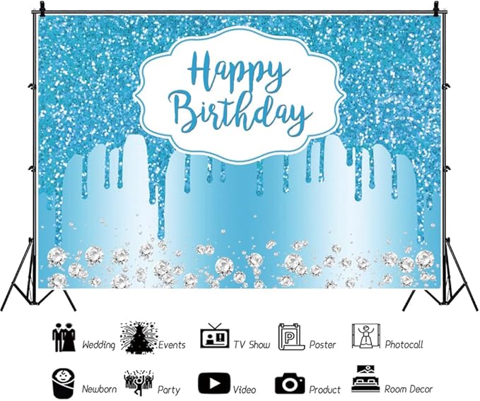 OERJU Blue Birthday Backdrop Glitter Sequin Diamonds Happy Birthday Backdrop for Women Girls Sweet 16 18th 21st 30th 40th 50th Birthday Party Decorations Background Cake Table Banner 10x7ft