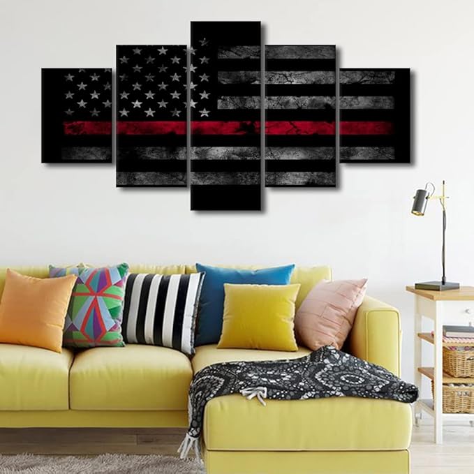5 Pieces Retro American Flag Wall Art Black White and Red US Flag Painting Prints Artwork Modern Home Decor Canvas Wall Art for Home and Office Wooden Decoration Framed Ready to Hang 60x32 in