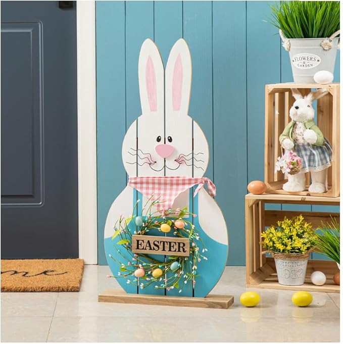 Glitzhome 30" H Easter Wooden Bunny Porch Decor，Standing Bunny Sign Decoration for Home or Yard