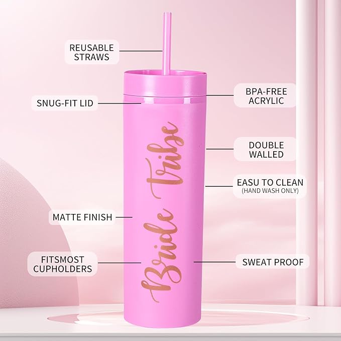 10 Pack Skinny Tumbler | 16 oz Bride & Tribe Tumblers | Bachelorette Party Cups | Wedding Gifts Bridesmaids Mugs & Games (Pink)