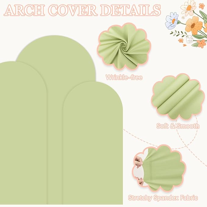 6FT 5FT 4FT Metal Arch Stand and Cover Set of 3 Balloon Wedding Arch Backdrop Stand with Sage Green Arch Cover Spandex Arched Backdrop Frame for Birthday Party Baby Shower Garden Arbor Decor